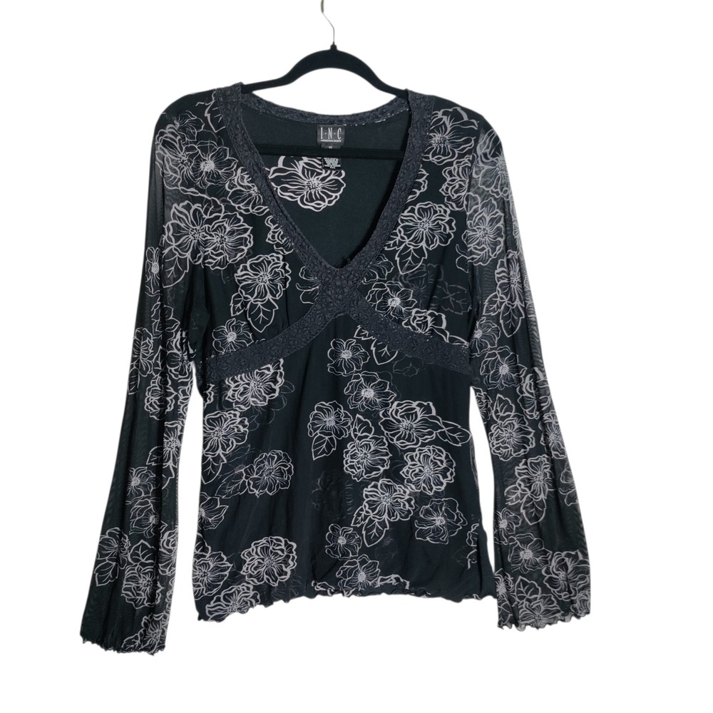 INC International Concepts Women Black Floral Mesh V-Neck Bell Sleeve Top XL
